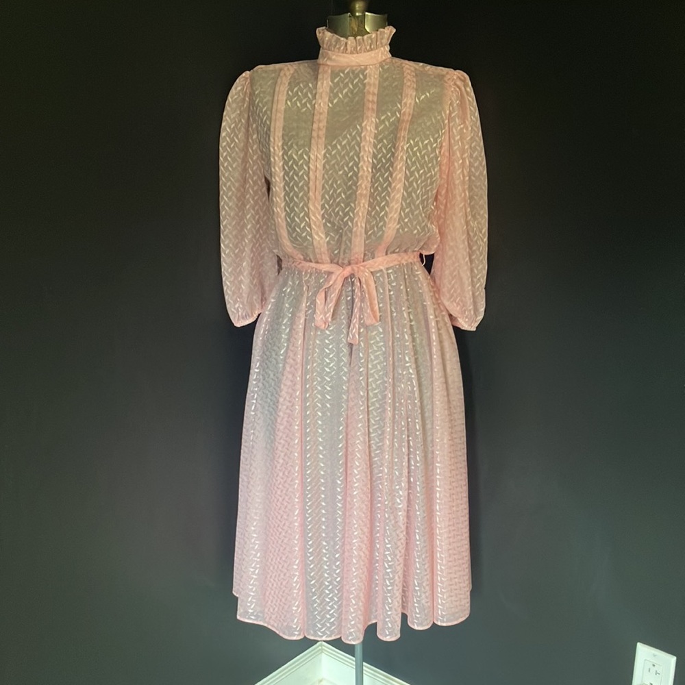 Vintage 1980s Handmade Sheer Light Pink Long Sleeve Dress with Metallic Design
